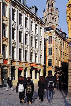 Tourists walking in the Grand Place (Place du General de Gaulle), Lille, Flanders, Nord, France, Europe