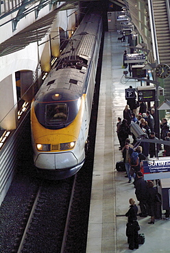 Eurostar train arriving at Lille Europe station, Lille, Nord, France, Europe