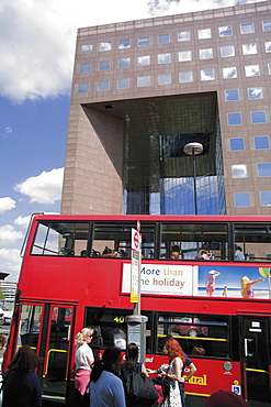 London bus at bus stop on London Bridge with No 1 London Bridge Building behind, London, England, United Kingdom, Europe