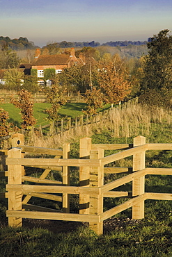 New wooden kissing gate, Heart of England Way footpath, Tanworth in Arden, Warwickshire, England, United Kingdom, Europe