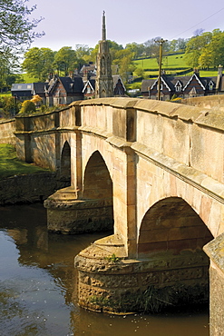 Medieval bridge over the River Manifold, Ilam Village, Peak District National Park, Derbyshire, England, United Kingdom, Europe