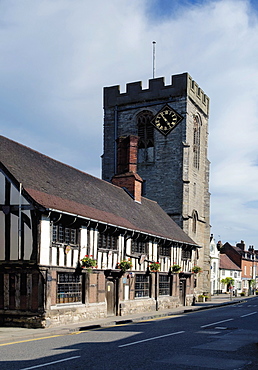 Medieval Tudor Guildhall and church of St. John the Baptist, High Street, Henley in Arden, Warwickshire, England, United Kingdom, Europe