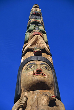 Inside Passage four-story totem pole, carved from red cedar in 1940 by John Wanlace, a native Haida carver, Juneau, Alaska, United States of America, North America