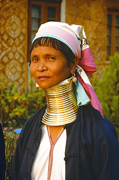 Padaung woman, 'giraffe-neck' woman with brass rings which depress the collarbone, Kayah State, Myanmar (Burma)
