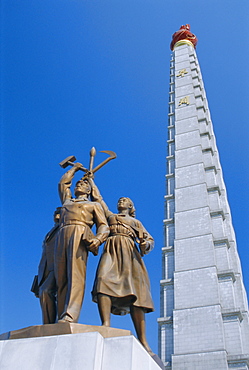 Tower of Juche, ideal exhorting the non-dependance on others, Pyongyang, North Korea, Asia