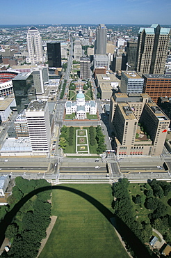 State capitol and downtown seen from Gateway Arch, which casts a shadow, St. Louis, Missouri, United States of America, North America