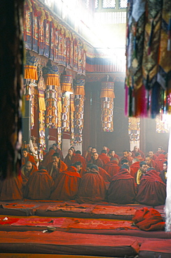 Monks inside the main prayer hall, Drepung Buddhist monastery, Lhasa, Tibet, China, Asia