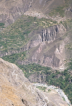 Deepest part of the canyon, with Tapay village on north side, Colca Canyon, Peru, South America