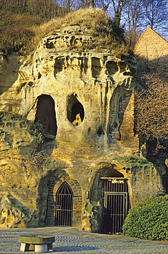 Entrance to Mortimer's Hole, a medieval passageway beneath the Castle, one of the many caves cut in the sandstone beneath the city centre, Nottingham, Nottinghamshire, England, United Kingdom, Europe