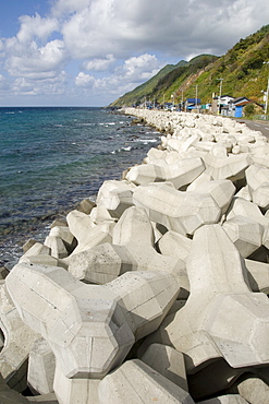 Shakotan peninsula west coast, showing extensive concrete tetrapods for erosion protection, western Hokkaido, Japan