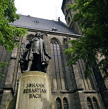 Monument to Johann Sebastian Bach outside St. Thomas church, Leipzig, Germany, Europe