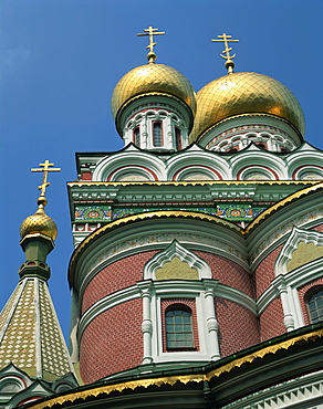 Close-up of the gold domes and decoration on the Shipka church, Shipka, Bulgaria, Europe