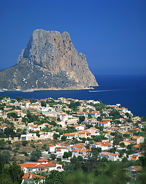 View over the town of Calpe to the rocky headland of Penon de Ifach in Valencia, Spain, Mediterranean, Europe