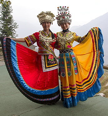 Two girls, Ping An village, Longji, Guangxi, China, Asia