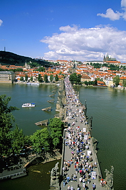 View of Charles Bridge over Vltava River from Old Town Bridge Tower, Prague, Czech Republic, Europe