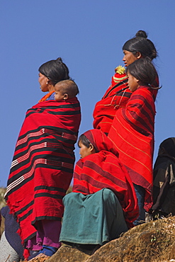 Naga (Macham tribe) girls wrapped up in their traditional blankets, Magyan village, Sagaing Division, Myanmar (Burma), Asia