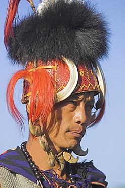 Naga man wearing headdress made of woven cane decorated with wild boar teeth, Mithan horns (wild cow) and bear fur  and wearing conch shell ear ornament with a tiger claw, Naga New Year Festival, Lahe village, Sagaing Division, Myanmar (Burma), Asia