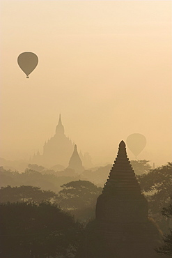 Hot air balloon flying over the ancient temples of Bagan (Pagan), Myanmar (Burma), Asia