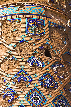 Tilework and mortar hole on minaret beside Gaur Sahd's mausoleum, The Mousallah Complex, Herat, Herat Province, Afghanistan, Asia