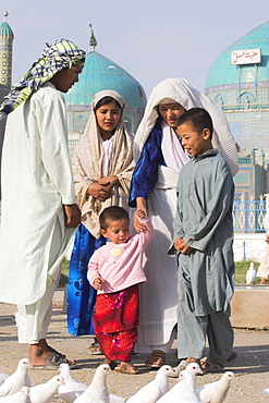 Family looking at famous white pigeons at the shrine of Hazrat Ali, who was assassinated in 661, Mazar-I-Sharif, Balkh province, Afghanistan, Asia