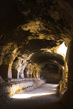 Corridor off which monks' living quarters were carved in cave 2, Takht-I-Rusam (Rustam's throne), part of a Buddhist stupa-monastery complex dating from the Kushano-Sasanian period 4th-5th century AD, Samangan Province, Afghanistan, Asia