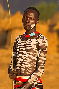 Karo man with body painting, made from mixing animal pigments with clay, at dancing performance, Kolcho village, Lower Omo valley, Ethiopia, Africa