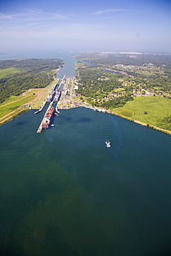 Container ships in Gatun Locks, Panama Canal, Panama, Central America