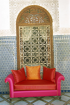 Sofa in courtyard of Riad Enija, The Medina, Marrakech, Morocco, North Africa, Africa