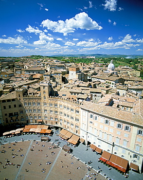 View over rooftops from the Torre Mangia in Piazza del Campo, Siena, Tuscany, Italy, Europe