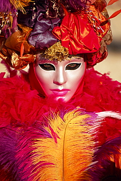 Head and shoulders portrait of a person dressed in carnival mask and costume, Venice Carnival, Venice, Veneto, Italy, Europe