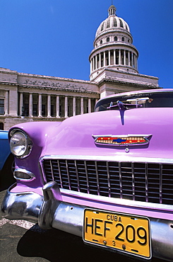 Classic American car outside the Capitolio, Havana, Cuba, West Indies, Central America