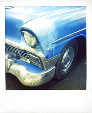 Polaroid of classic blue American car, Havana, Cuba, West Indies, Central America