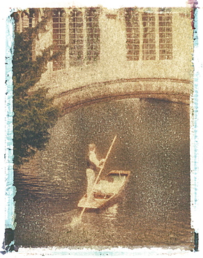 Polaroid Image Transfer of man punting tourists in traditional wooden boat (punt) on River Cam, Cambridge, Cambridgeshire, England, United Kingdom, Europe