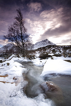 River Coupall on a snowy winter's day, Rannoch Moor, Highland, Scotland, United Kingdom, Europe