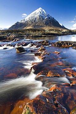 Winter view over River Etive towards snow-capped Buachaille Etive Mor, Rannoch Moor, near Fort William, Highland, Scotland, United Kingdom, Europe