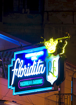 Illuminated sign outside Bar El Floridita, a favourite drinking spot for the late author Ernest Hemingway, Havana, Cuba, West Indies, Central America