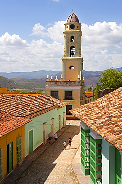 View from the balcony of the Museo Romantico towards the tower of Iglesia y Convento de San Francisco, Trinidad, UNESCO World Heritage Site, Cuba, West Indies, Central America