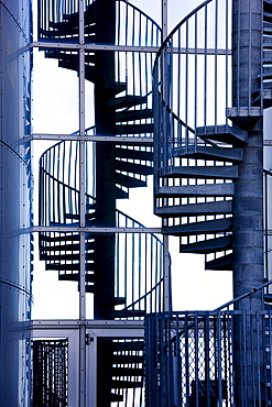 Spiral staircase and its reflection outside Perlan, a modern building housing the Saga Museum, Reykjavik, Iceland, Polar Regions