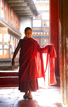 Young Buddhist monk in red robes backlit by evening sunlight at the Jakar Dzong, Jakar, Bumthang, Bhutan, Asia