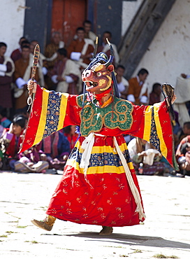 Buddhist monks performing masked dance during the Gangtey Tsechu at Gangte Goemba, Gangte, Phobjikha Valley, Bhutan, Asia