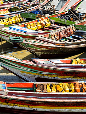 Traditional ferry boats that cross the Irrawaddy River from Mawtin Jetty to Dalah Township, Yangon (Rangoon), Myanmar (Burma), Asia 