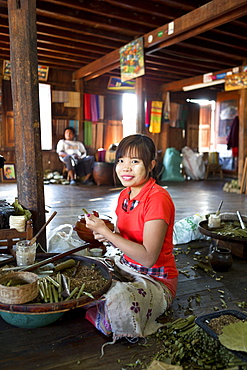 Young woman making cheroots in local factory, Nampan village, Inle lake, Myanmar (Burma), Southeast Asia