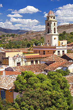 View over pantiled rooftops of the town towards the belltower of The Convento de San Francisco de Asis, Trinidad, UNESCO World Heritage Site, Cuba, West Indies, Central America 