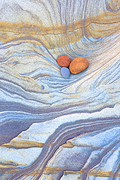 Colourful patterns created by sea erosion on rocks revealed at low tide on Spittal Beach, Berwick-upon-Tweed, Northumberland on border between England and Scotland, United Kingdom, Europe