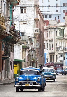 Vintage American cars used as local taxis, driving down Avenue Colon during afternoon rush hour, Havana Centro, Havana, Cuba, West Indies, Central America