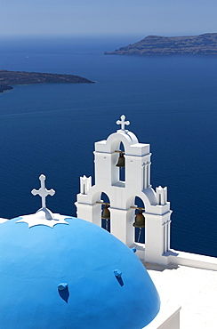 Blue dome and belltower of the church of St. Gerasimos, Firostefani, Fira, Santorini, Cyclades, Greek Islands, Greece, Europe