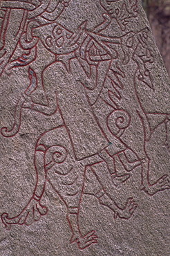 Witch from Icelandic Edda riding a wolf, detail of standing stone circa 1000AD, Lund, Sweden, Scandinavia, Europe