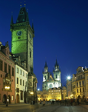 The Old Town Hall and Gothic Tyn church illuminated at night in the city of Prague, Czech Republic, Europe