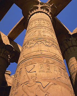 Close-up of hieroglyphs on a stone column in the Great Hypostyle Hall, Temple of Karnak, Thebes, UNESCO World Heritage Site, Egypt, North Africa, Africa