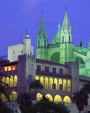 The Palma Bay cathedral illuminated at night, on Majorca, Balearic Islands, Spain, Europe